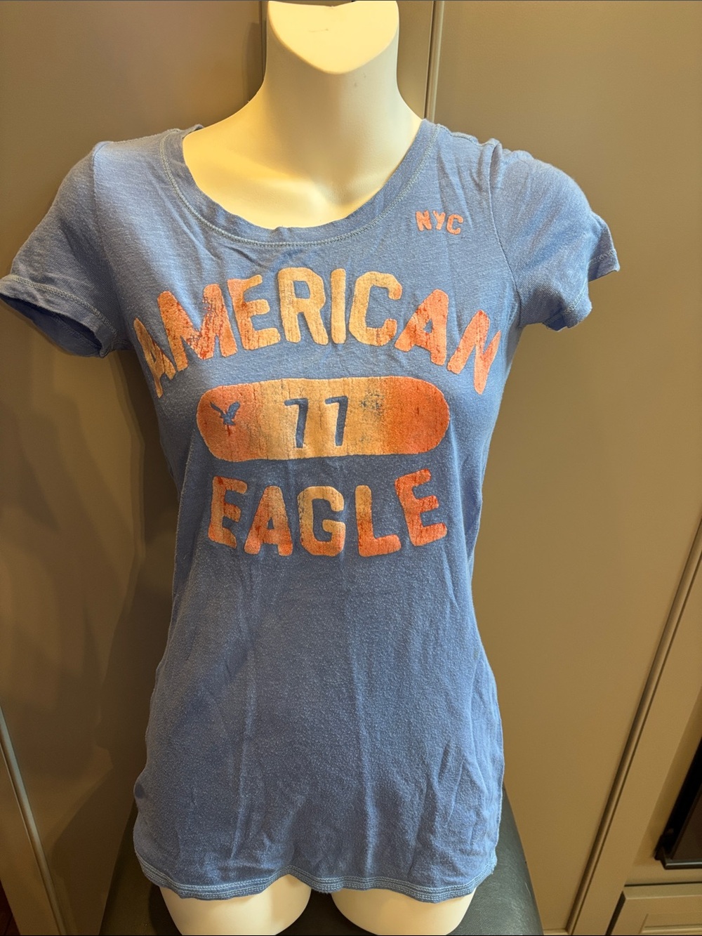 American Eagle Blue Graphic Tee with orange  Logo Y2K xs
